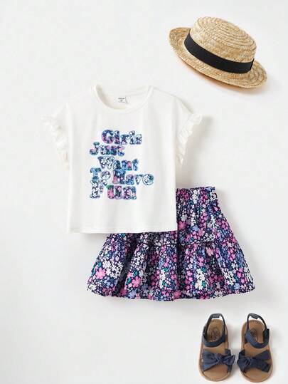 Joliand Joliand 2pcs Young Girl Elegant Urban College Floral English Graphic Print Cap Sleeve Crew Neck White T-Shirt And Blue Ditsy Floral Mini Skirt Outfit, Suitable For Casual, Daily, Travel, Beach, Summer