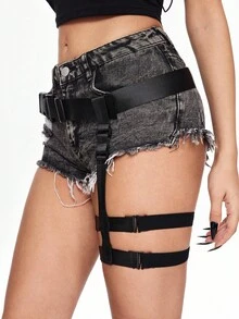 ROMWE 1pc Women's Black Canvas Fabric Single Side Double Layer Elastic Band Leg Decor Dark Goth Style Waist Belt Skirt/Shorts Accessory, Versatile Daily Wear - Black - View 3