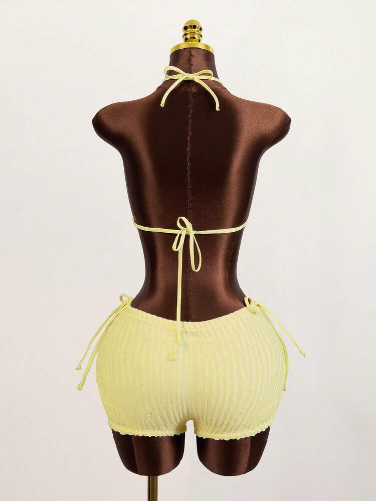 Bộ bikini 3 mảnh vải họa tiết màu trơn cổ buộc dành cho nữ - Màu vàng - Xem 2