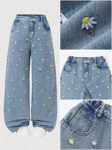 Sparklyn Tween-Mädchen Lässig Distressed Bestickter Gerade Bein Jeans Jeans Gänseblümchen Jeans Distressed Kleine Gänseblümchen Bestickter Weiter Bein Jeans Erdbeere Blumen Jeans Ästhetische Denim Rock Anzüge Brunch