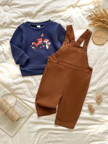 Vintaside Kids Babyboy 秋季圆领长袖可爱休闲狐狸刺绣上衣搭配时尚简约吊带长裤，适合温和天气、露营、度假、居家休闲穿着 - 彩色 - 查看 1