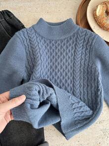 SHEIN 男童高领纹理提花复古麻花针织高领毛衣，百搭学院风，拉绒厚实面料，适合冬季 - 霧霾藍 - 查看 7