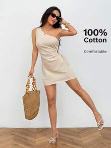 SHEIN PETITE Apricot Asymmetrical Neck Mini Dress With Knot Detail For Casual Summer Style One Shoulder Sleeve Beige Vacation - Apricot - View 7