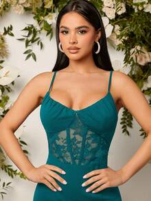 SHEIN Belle 女士纯色蕾丝拼接吊带连衣裙，情人节礼物 - 水鴨藍 - 查看 4