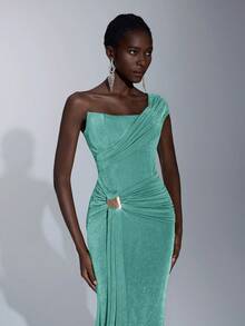 Elitara 优雅、浪漫、性感、极简、黄绿棕色、针织弹力面料、鱼骨纹、胸围杯、鱼尾裙、拖尾、时尚、网红、节日、度假、生日派对、婚礼活动、正式晚宴礼服 - 水鴨藍 - 查看 4