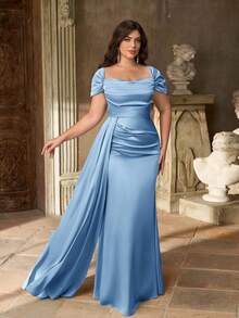 Aureia Plus Size Elegant Minimalist Green Cold Shoulder Ruched Waist Luxury Satin Mermaid Hem Bridesmaid Dress