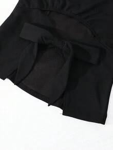 Tween Girls' Solid Color Round Neck Puff Sleeve Hollow Back Bowknot Waist Top, French Retro Elegant Versatile Blouse - Black - View 4