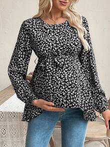 SHEIN Nursing Top, Long Sleeve, Round Neck, Left & Right Zipper On Chest, Waist Tie Bow, Asymmetrical Hem, Printed Design