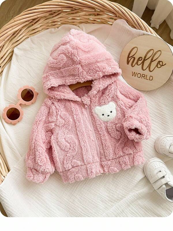 SHEIN Newborn Baby Girl Cute Casual Pink Fluffy Hooded Jacket, Versatile For Autumn/Winter Baby Girl Teddy Bear Jacket Baby Girl Fuzzy Jacket Baby Girl Winter Jacket Pink Baby Girl Jacket Baby Girl Hooded Jacket Fall