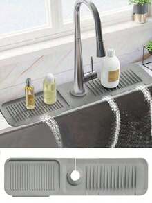 SHEIN 1 件装硅胶排水垫厨房/浴室水槽防溅防滑表面垫/架，装饰性防滑台面保护垫，家居和厨房装饰及实用礼品，舒适的秋冬风格 - 灰色 - 查看 4