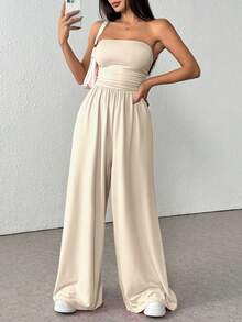 Flirla 休闲百褶宽松连体裤，四季皆宜 - 杏色 - 查看 3