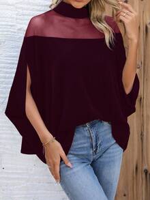 EMERY ROSE Áo cánh rộng hở vai lưới cổ đứng - Màu Đỏ Sâu - Xem 6