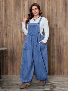 EMERY ROSE Plus Size Women Casual Pocket Denim Bib Overalls - Medium Wash - View 5