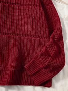 SHEIN EZwear 大码女式纯色休闲宽松圆领长袖毛衣 - 酒紅色 - 查看 4