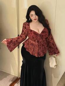 Flirla 大码女式时尚花卉印花前系带喇叭袖衬衫 - 紅色 - 查看 5