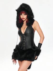 ROMWE Grunge Punk Fashionable Criss-Cross Strap Plush Trim Costume Outfit