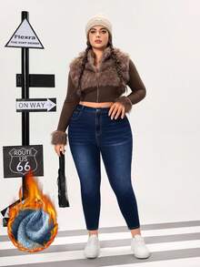 SHEIN Unity Plus Size Women's Casual Fashion Versatile Button Skinny Jeans - Blue - View 5