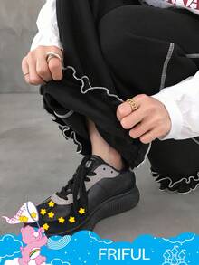 FRIFUL SHEIN X Care Bears Quần dài họa tiết gấu bo gấu cạp chun rộng rãi cho nữ - màu đen - Xem 6