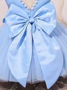 SHEIN Glamorique Kids 圣诞公主女童连衣裙，薄纱泡泡裙派对礼服，花童礼服，适合婚礼、派对、季节，蓝色；白色串珠 V 型后背大蝴蝶结公主裙 - 淺藍色 - 查看 4