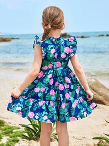 Joliand Joliand 1pc Young Girl Urban Elegant Green Leaf & Pink Floral Print Ruffle Hem Loose Sleeveless Dress,Navy Blue,Summer,Beach,Holiday For Casual,Party,Wedding - Multicolor - View 7
