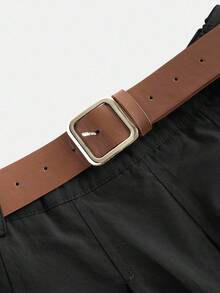 Maija 2025夏季新款黑色高腰褶裥侧袋PU皮可拆卸金属腰带半身裙，优雅百搭，适合派对和办公通勤。