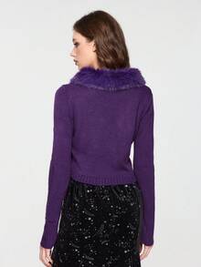 ROMWE Hippie Cárdigan de punto bordado con sol y luna, estilo vintage de bruja de noche misteriosa, con parches de piel de lujo para mujer - Morado - Ver 3