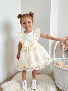 SHEIN Vestido elegante de niña bebé con decoración de mariposa y volantes de tul de contraste - Albaricoque - Ver 8