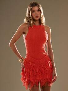 SHEIN BAE 女式纯色露背休闲无袖流苏毛衣裙，女式夏季连衣裙，女士度假装，秋冬沙滩装 - 橘色 - 查看 6