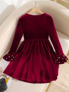 SHEIN Tween Mädchen Elegant Paillettenbesetztes Samt Trompetenärmel Patchwork Rüschen Saum Kleid, geeignet für Weihnachtsparty, weinrotes Halloween Kleid