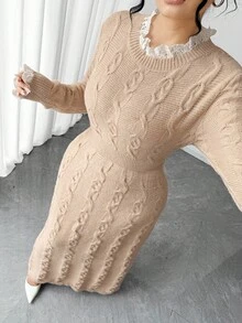 Elenzga Nuevo vestido de punto elegante con cuello redondo, puños con adorno floral y diseño de bajo texturizado para mujer de talla grande - Albaricoque - Ver 7