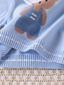 SHEIN Baby Boy Cartoon Bear Sweater Top + Sweater Overalls, Knitted One-Piece Jumpsuit, Fashionable And Cute For Autumn/Winter Traveling, Shopping At Home Fall - Baby Blue - View 9