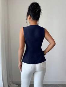 Selianne Fashionable Sleeveless Waist Cinched Black Jacket With Gold Button Decor, Versatile For Daily Wear, Spring/Summer