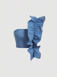 SHEIN MOD Top en mezclilla de un hombro ribete con fruncido - Lavado ligero - Ver 1