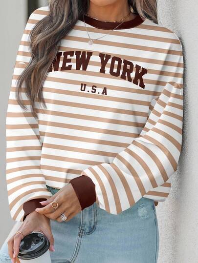 SHEIN LUNE بلوزة رياضية نسائية بياقة مستديرة وأكمام طويلة وتصميم فضفاض، بنمط مخطط بسيط عصري، مناسبة للخريف والشتاء، أكمام طويلة مخططة لنساء نيويورك في فصل الشتاء