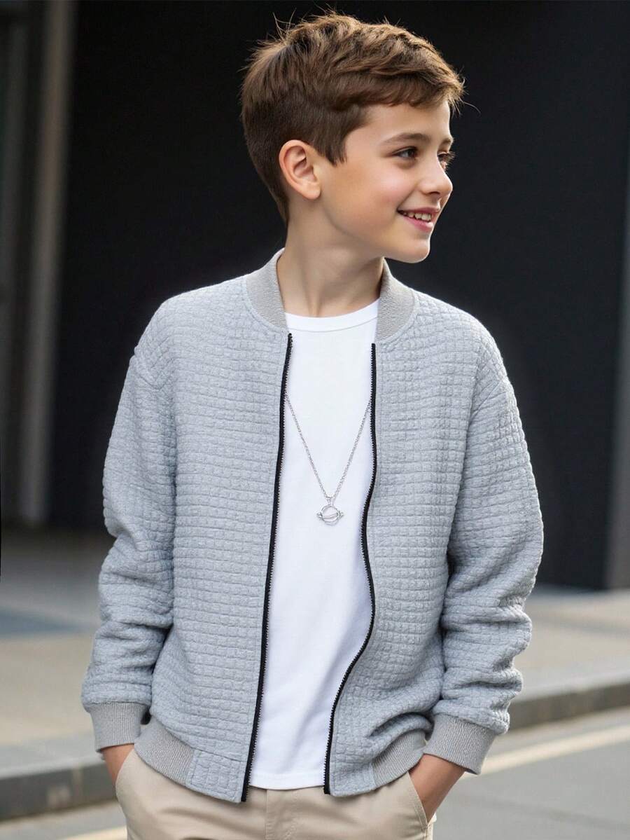 SHEIN Tween Boy 休闲百搭纹理格子棒球夹克，适合通勤、上学、日常休闲装、运动、秋冬 - 灰色 - 查看 1