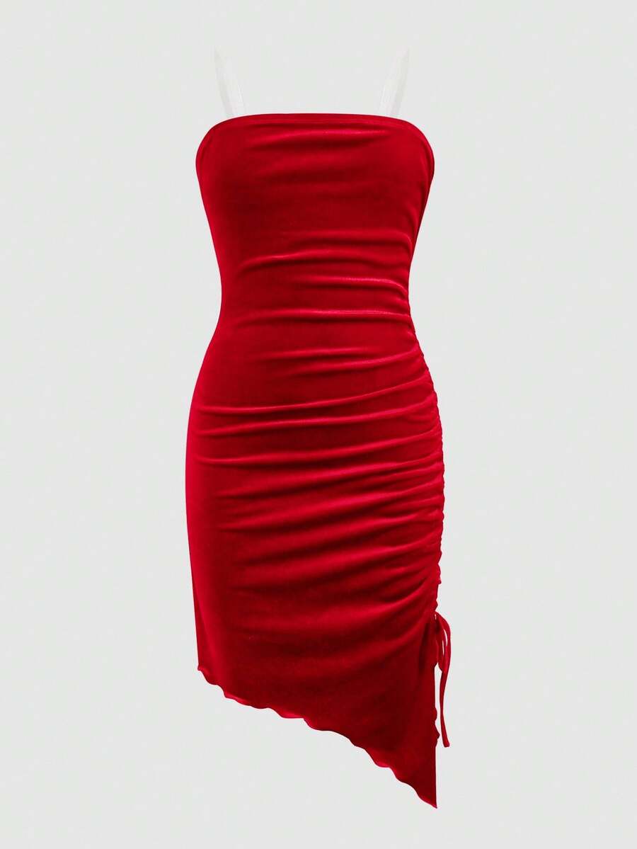 SHEIN 女童拼色彼得潘领格子拼接学院风长袖 A 字裙，天鹅绒蝴蝶结细节，女童优雅天鹅绒 V 领长袖 A 字裙 + 包，圣诞节和派对装，秋冬，甜美时尚、可爱、舒适、百搭 - 紅色 - 查看 1