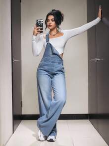 SHEIN PETITE 女式无袖时尚休闲牛仔连体裤，带口袋，百搭春夏季 - 淺色水洗藍 - 查看 6