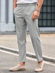 HIMLAND Men's Casual Woven Striped Mid-Waist Drawstring Straight Leg Pants, Suitable For Daily Wear, For Fall, Old Money