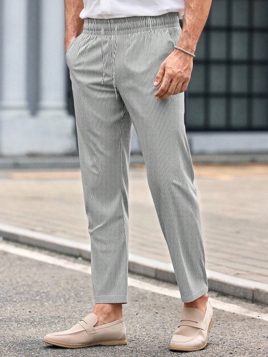 HIMLAND Men's Casual Woven Striped Mid-Waist Drawstring Straight Leg Pants, Suitable For Daily Wear, For Fall, Old Money