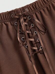 ROMWE Kawaii Spring/Summer Y2K Style Lace Patchwork Tie-Up Capri Pants - Brown - View 3