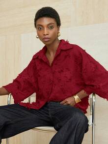 Aveloria Modichic 3/4 Sleeve Olive Green Shirt, Simple Cut, Loose Fit, Classic Collar, Comfortable To Wear - Red - View 6