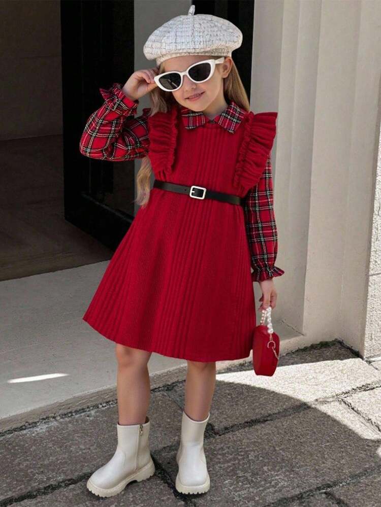 Elladie kids 年轻女孩复古红色格子长袖连衣裙，红色圆领罗纹无袖荷叶边下摆侧开衩连衣裙，两件套带腰带装饰，英伦风格，适合日常穿着和上学，秋季 - 紅色 - 查看 1
