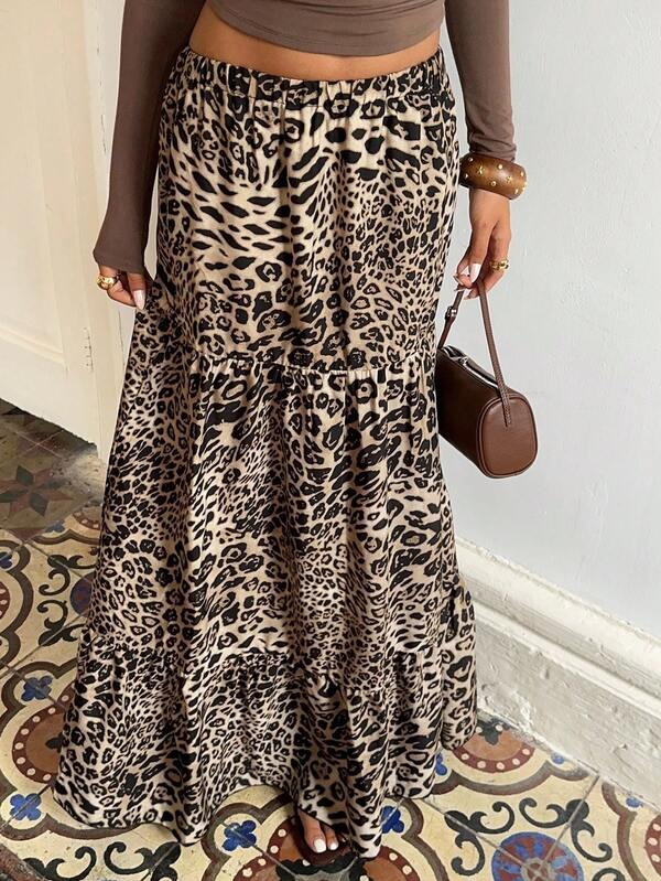 Sunnyshic Leopard Print Casual Long Skirt With Ruffle Hem