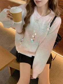 DAZY Damski luźny, swobodny, elegancki sweter w paski z nadrukiem tie-dye, kolorowy, dojazdowy, stylowy, z kryształkami i cekinami, jesień/zima - Miętowy niebieski - Zobacz 2