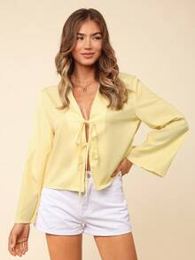 Coeurva Women's Butter Yellow Striped Print Blouses For Summer Vacation,Brunch Outfits For Women,Casual Loose Tie Front Long Sleeve Blouse Shirt For Women,For Summer Vacation, Women Summer Clothing Fall Clothes - Yellow - View 4