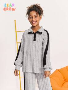 SHEIN 2pcs Tween Girls' Casual Colorblock Outfit, Girls' Spring/Autumn Loose Fit Button, Side Stripe, Zipper Long Sleeve Oversized Gray Sweatshirt & Jogger Pants Set, Casual Daily Wear Kids Loungewear Fall Winter
