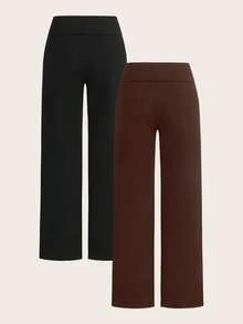 SHEIN EZwear 2 件套女士休闲简约高腰喇叭腿直筒裤，带小马图案，适合夏季 - 彩色 - 查看 2
