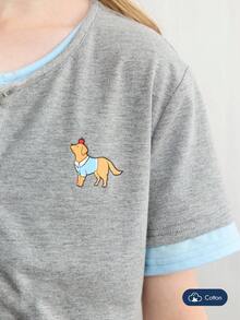 Joliand Joliand 1 件年轻女孩优雅都市休闲百搭狗狗装饰拼布灰色和浅蓝色圆领短袖 T 恤，适合返校、旅行、日常、夏季和秋季 - 彩色 - 查看 4