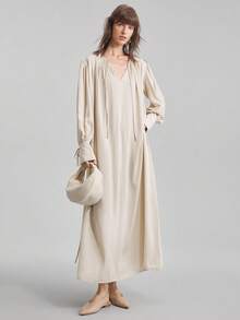 Ontre 2025 新款优雅开叉连衣裙，女士长袖圆领褶皱领口系带袖口连衣裙，A 字形喇叭下摆，缎面面料，杏色，宽松版型，休闲日常/商务通勤装