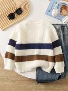 SHEIN Playful Pals Young Boy Thick Striped Knit Sweater, Long Sleeve, Autumn/Winter Fall - White - View 2